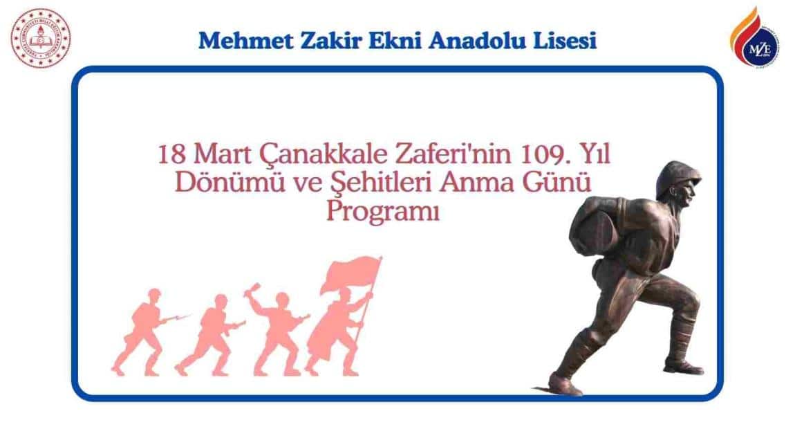 18 Mart Çanakkale Zaferi'nin 109. Yıl Dönümü ve Şehitleri Anma Günü Programı